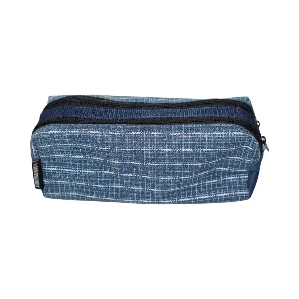 Blue Check Canvas Double Zip Pencil Case - Polyester PCP23103A