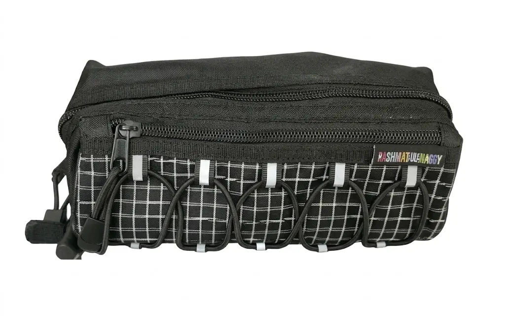 Elastic Grid Sporty Black Double Zip Pencil Case - Polyester PCP24038