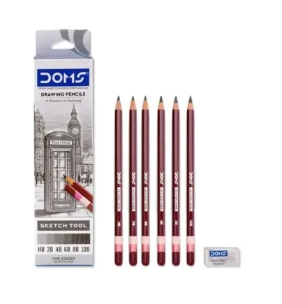 Doms Sketching Pencils Set – 6 Grades with Eraser
