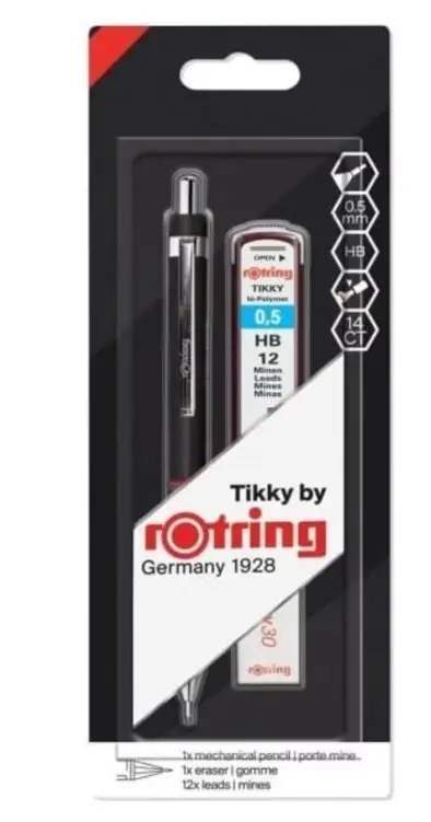 Rotring Tikky Grip 0.5 mm Mechanical Pencil with Lead Refill Case and Eraser 