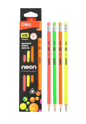 Deli EU51600 neon fluroscent hb graphite pencil pack of 12 pencils - multi color