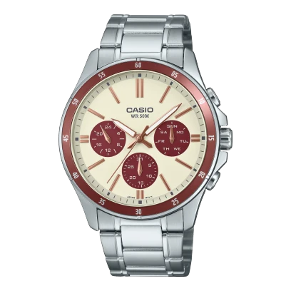 ساعة كاسيو بسوار ستانلس ستيل بإبزيم ثلاثي الطي بضغطة واحدة موديل MTP-1374D-5A2VDF