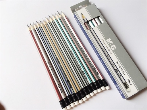 علبة قلم رصاص خشب ام اند جي باستيكه 12 قلم فيسفوري