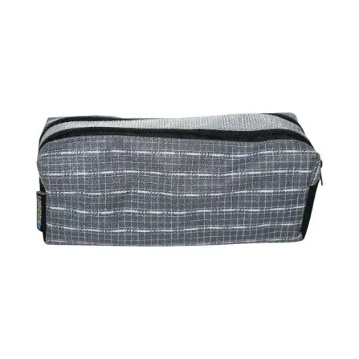 Grey Check Canvas Double Zip Pencil Case - Polyester PCP21024A