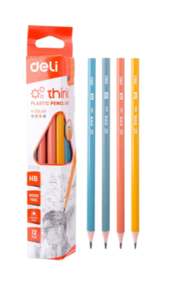 Deli EU50000 think plastic hb graphite pencil eraser tipped pack of 12 pencils - multi color